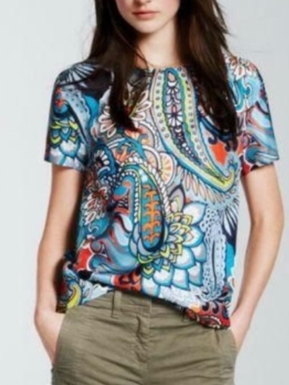 J Crew Moonglow Silk Paisley Colorful Blouse Size 6 Blue Orange Short Sleeve